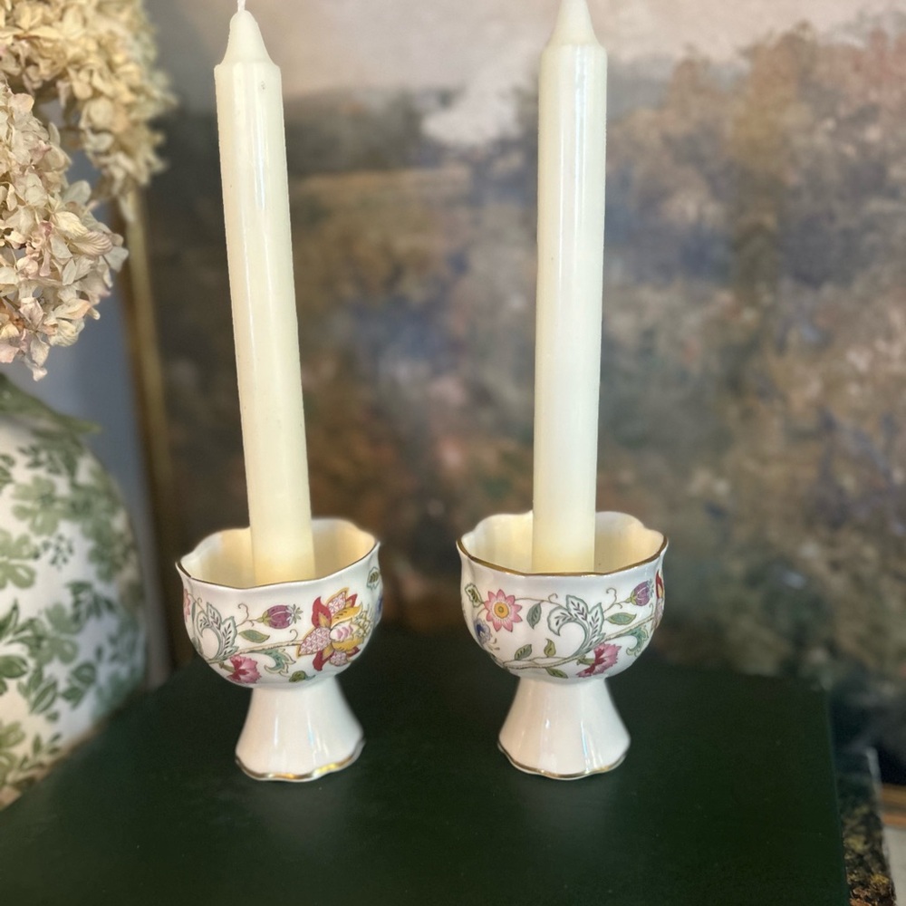 Vintage Minton Bone China Floral Candleholder Pair